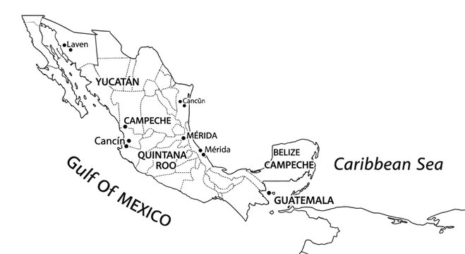 Map of Mexico and Caribbean region.