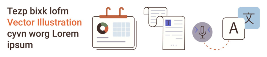 Data organization, language translation, business tools, communication, workflow management, digital services. Calendar with chart, documents microphone icon and translation icon. Data organization © robu_s
