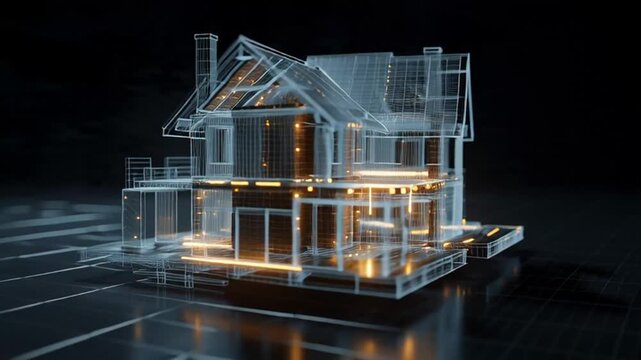 Futuristic wireframe house model with glowing orange elements and reflective surface