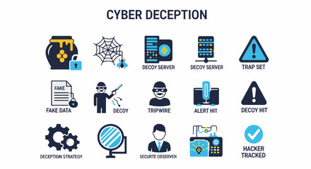 Cyber Deception Icons Illustrating Security Threats and Strategies. © Faisal