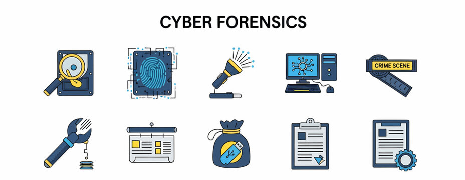 Cyber Forensics Icons Set Illustrating Digital Investigation Tools and Concepts.