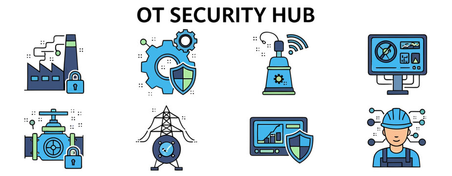 OT Security Hub Icons Representing Industrial Control System Protection.