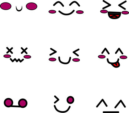 Set of cute kawaii face expressions with pink cheeks simple line icons smiling laughing and playful emotions isolated on white background
