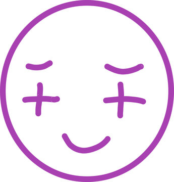Minimal purple smiley face with cross eyes and closed eyelids, simple line icon in flat vector style isolated on white background, playful emoji concept.