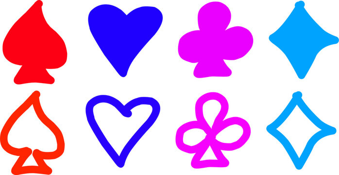 Colorful playing card suit icons set with spade, heart, club and diamond in solid and outline styles, vibrant flat vector isolated on white background.