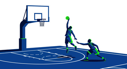 Basketball players in action, dunking and defending on court, dynamic sports illustration © Crit