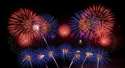 Obraz premium Vibrant Red and Blue Fireworks Display Bursting in the Dark Night Sky