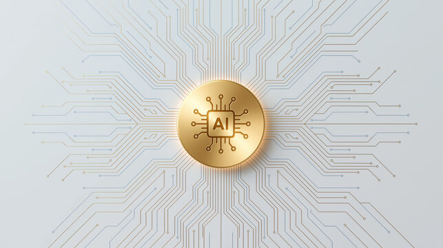 Gold AI chip coin glowing on circuit board network background representing artificial intelligence technology innovation digital future concept