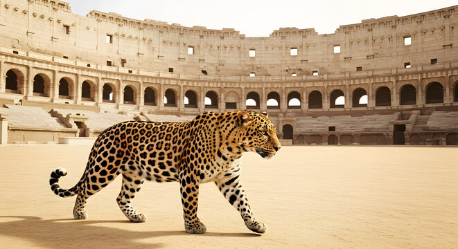 Leopard walking in the ancient Colosseum arena, Rome