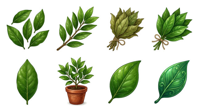 Set of diverse bay leaf illustrations including fresh green leaves, branches, bundles, and a potted bay laurel tree for culinary, herbal, and kitchen design.