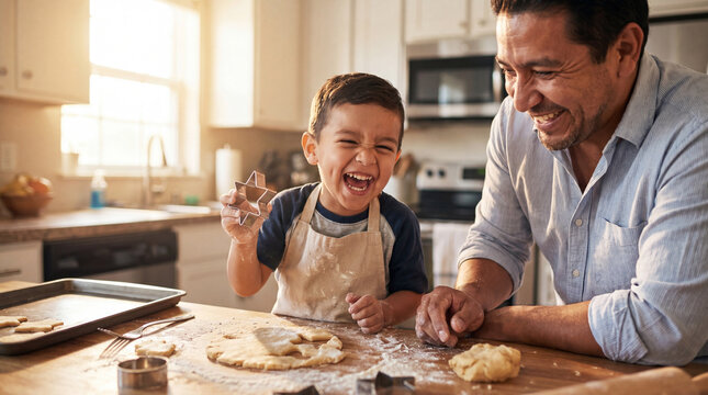 World Baking Day father son making cookies joyful toddler laughing family bonding promotional marketing content design