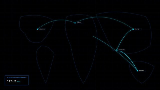 Digital global data transfer rate animation motion graphics clip showing network connections between major cities worldwide