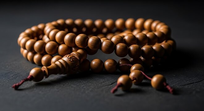 Wooden prayer beads on a dark surface with red string and intricate details