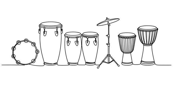 Continuous single line drawing of various percussion instruments including conga drums bongo drums tambourine and cymbals in a musical set composition Vector, illustration