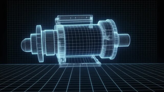 Wireframe electric motor in blueprint style. Ideal for technical manuals, engineering presentations, educational materials, and industrial design projects.