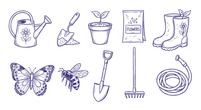 Gardening tools and accessories illustration set.