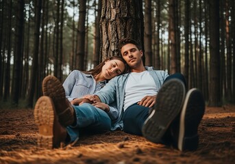 Fototapeta premium Couple resting by a tree in the forest