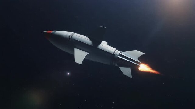 Rocket with fiery exhaust soaring through outer space, suitable for science fiction designs, technology concepts, and space exploration themes.
