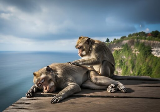 Two monkeys grooming and sleeping on a wooden deck by the ocean