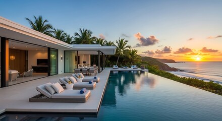 Fototapeta premium Luxury Modern Villa with Infinity Pool at Sunset.