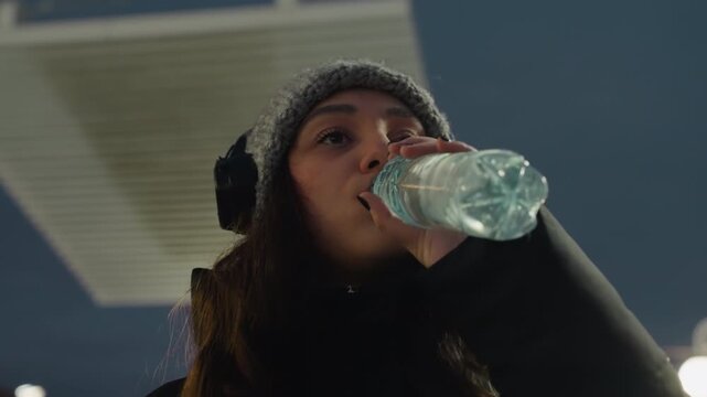Young woman drinking water headphones platform, glance upward between commutes, city lights and neon reflections, evening chill and candid commuter portrait capturing quiet resolve