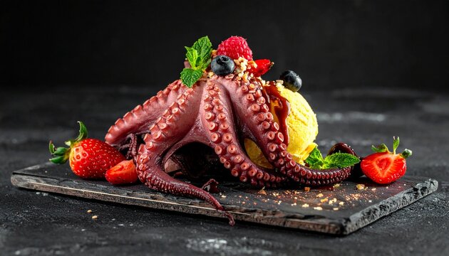 Grilled octopus with ice cream and fresh berries on slate board
