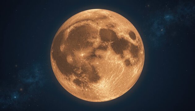 A large orange moon in a dark blue starry night sky with a galaxy background, celestial body in space
