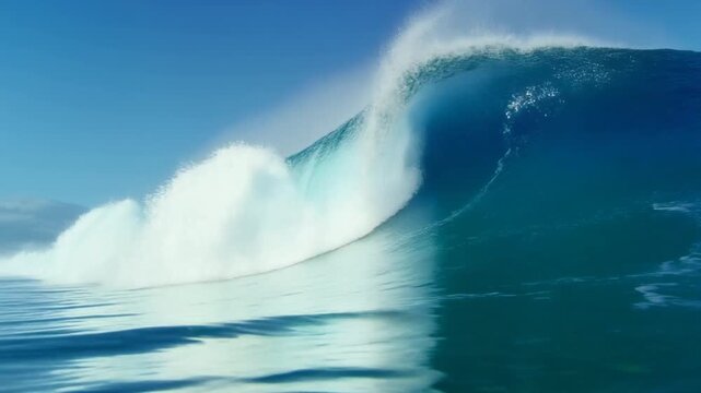 Large blue ocean wave under a clear sky, perfect for travel brochures, vacation websites, beachthemed designs, and summer advertising campaigns.