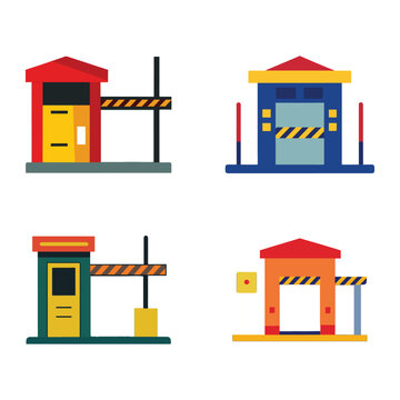 Colorful illustrations of various types of gates and barriers for access control  security checkpoints with boom gates and ticket booths