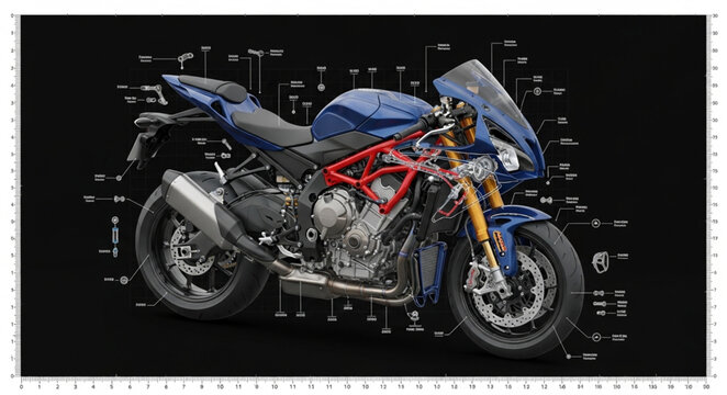 Detailed Motorcycle Engine Mechanical Engineering Blueprint.