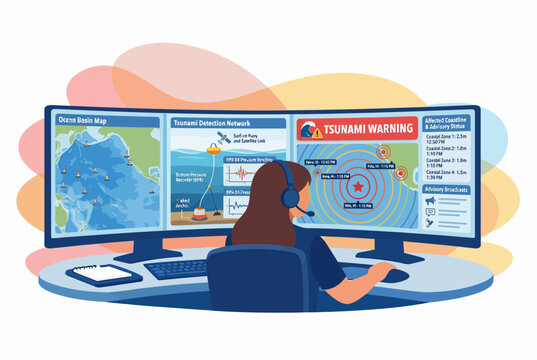 Emergency Dispatcher Monitoring Tsunami Warning on Multiple Screens