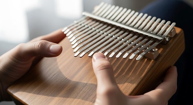 Close-up of Hands Playing a Wooden Kalimba Thumb Piano