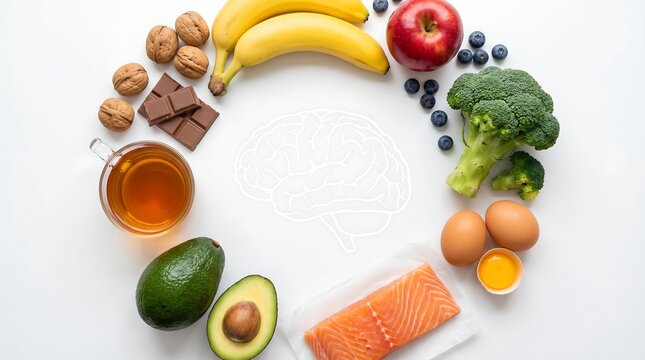 Healthy brain food composition with fresh salmon avocado broccoli nuts berries tea and chocolate around white brain outline on background for mental health nutrition concept