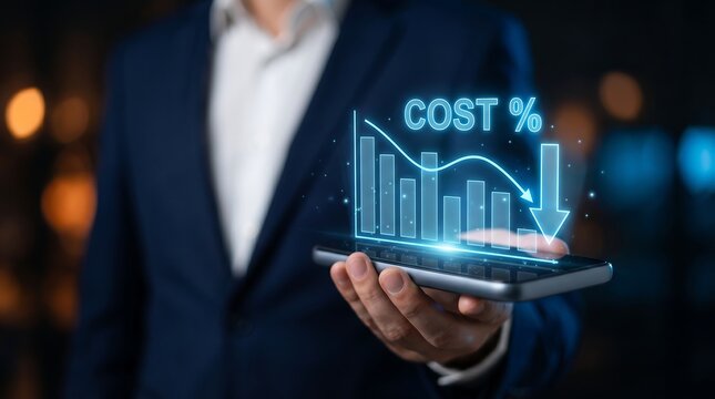 Business person holding smartphone with glowing digital bar chart icon indicating cost reduction and financial efficiency concept against dark blurred office background at night