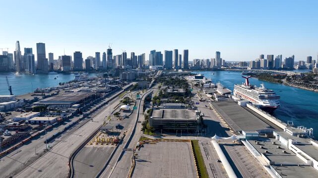 Aerial view of Port Miami and skyline on a sunny day