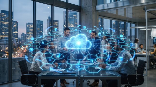 Diverse group of professionals collaborating around a table in a futuristic office space with shimmering blue data streams connecting to a central glowing cloud symbol representing digital