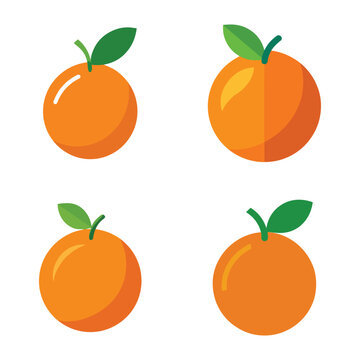 Four cartoon oranges with green leaves on white background  simple fruit icons