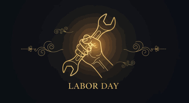 Vibrant golden glow illustration of a hand firmly grasping a wrench, symbolizing the spirit of Labor Day, worker strength, and dedication to industry