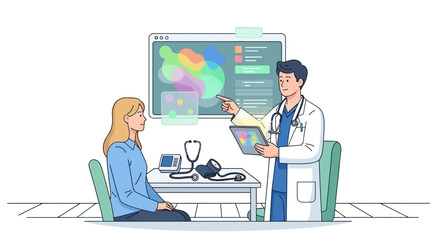 Obraz premium Doctor in white coat explaining medical chart to patient in office with screen and desk, conveying a professional and informative mood.