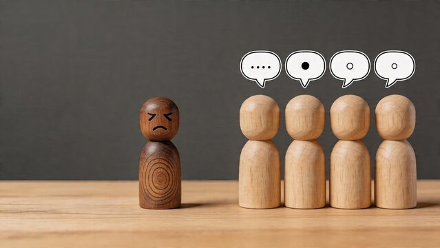 Business man wooden figure with angry face standing alone feeling excluded from group four light people talking together social issue concept