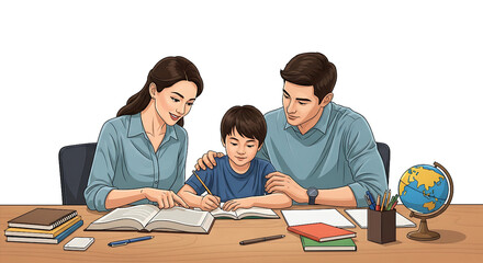 Fototapeta premium Parents Assisting Young Son with Homework at Desk Vector