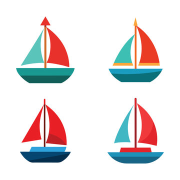 Four colorful sailboats with different sail designs on white background  sailboats with various colored sails and hulls