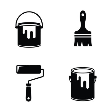 paint bucket and brush set black and white silhouette