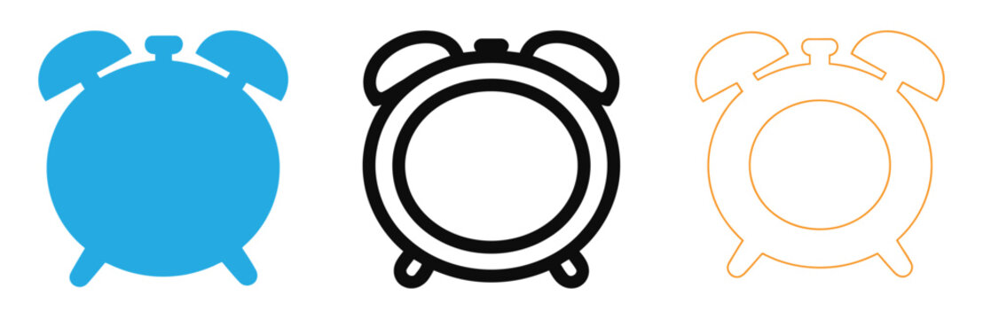 Three colorful alarm clock icons in blue black and orange on white background vector illustration