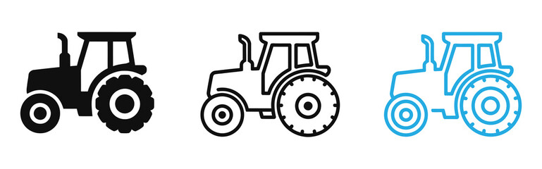 Obraz premium Tractor icons in black and blue line styles for farming and agriculture concepts vector illustration