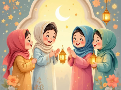 Four girls in hijabs holding lanterns under a crescent moon and stars