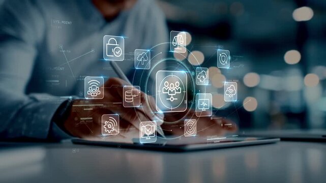 Businessman using tablet with workforce analytics icon and connected security, cloud and IoT symbols, representing digital transformation and business operations in modern workspace
