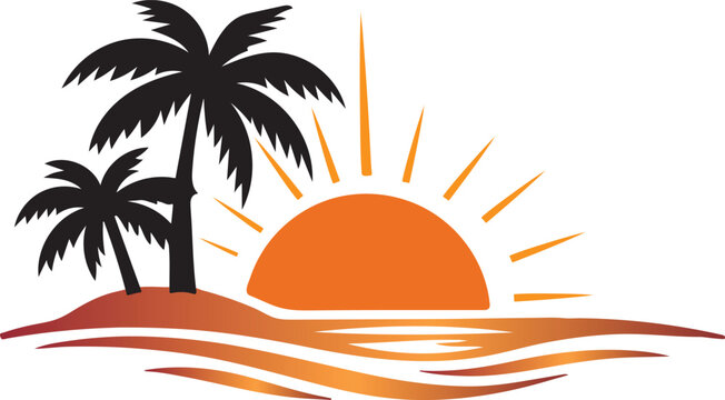 Sunset beach vector icon, tropical ocean scene with sun, waves, palm silhouette.