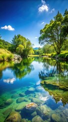 Fototapeta premium A photo of a tranquil scene with a clear blue pool reflecting the soft green surroundings under a gentle river flowing nearby