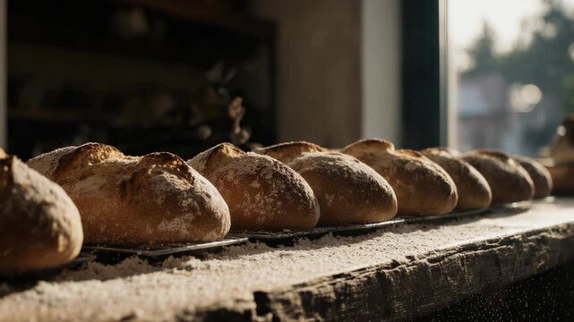Ultra-detailed static shot of an artisan bakery counter with flour dust suspended in sunbeams as fresh bread cools, rustic wood textures, warm cinematic realism, exactly 5 seconds, true 4K UHD.